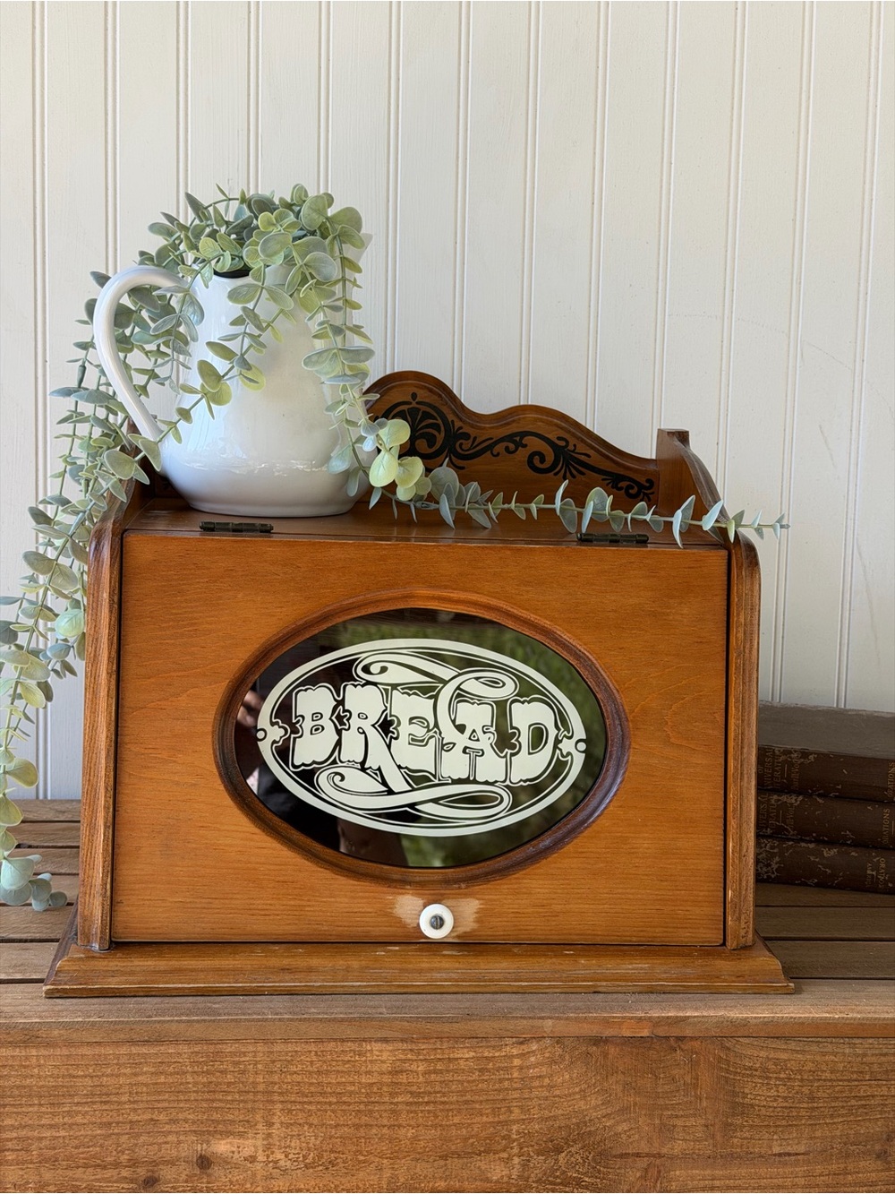 Vintage Wooden Bread Box with Decorative Glass Panel - Honey Brown